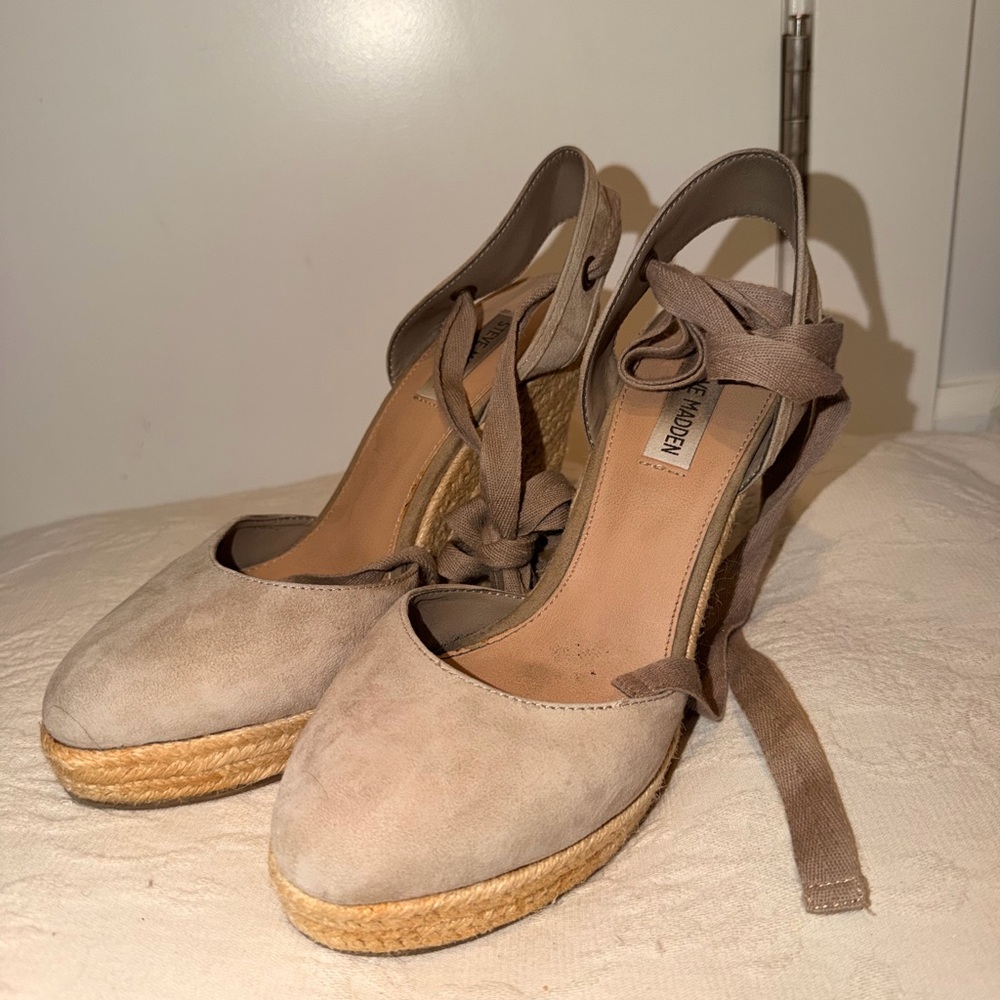 Steve Madden Taupe Suede Espadrille Wedge with Ankle Tie